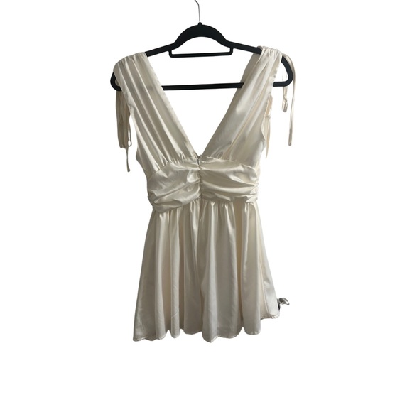 Shein MOD Silk/Satin White V Neck Ruched Mini Dress - Picture 2 of 4